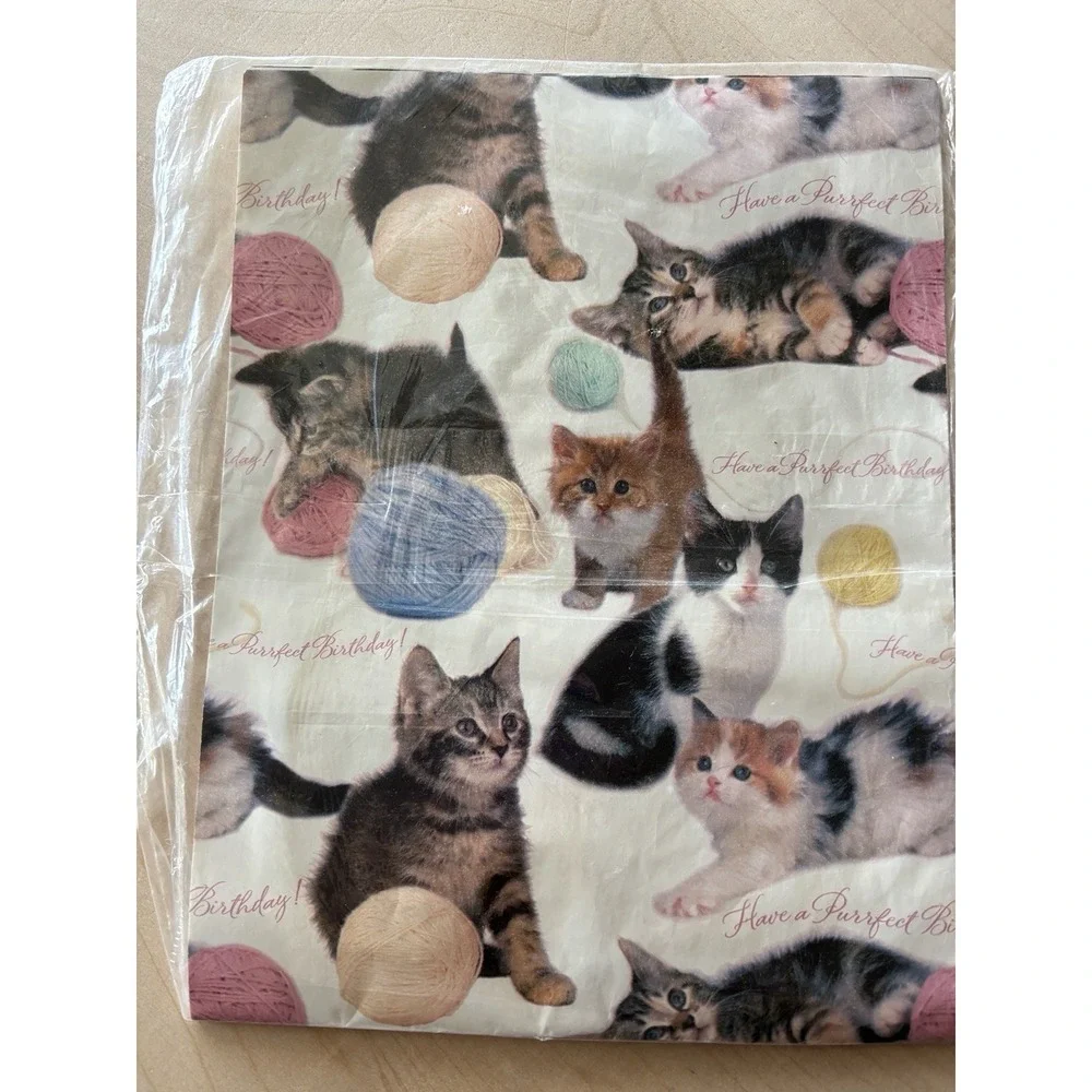 Vtg American Greetings Kitten Cat Gift Wrap NIP One Sheet LOT of 2 Calico White